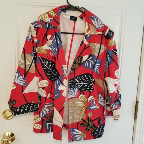 Westbound Sz M Red Floral Canvas Jacket Pockets 3/4 Sleeve Art to Wear Y2K - Picture 1 of 11